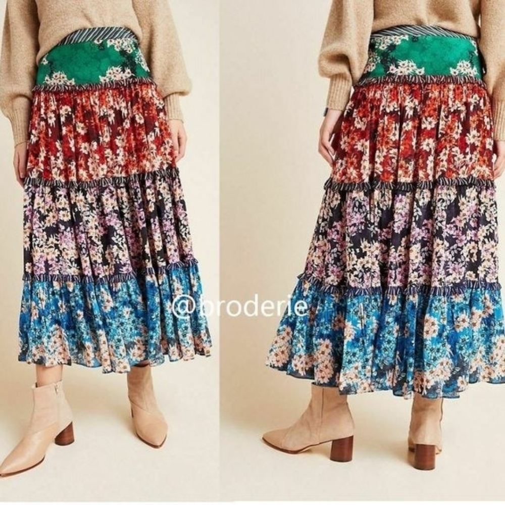 Anthropologie Bhanuni By Jyoti Floral Tiered Patchwork Maxi Skirt
